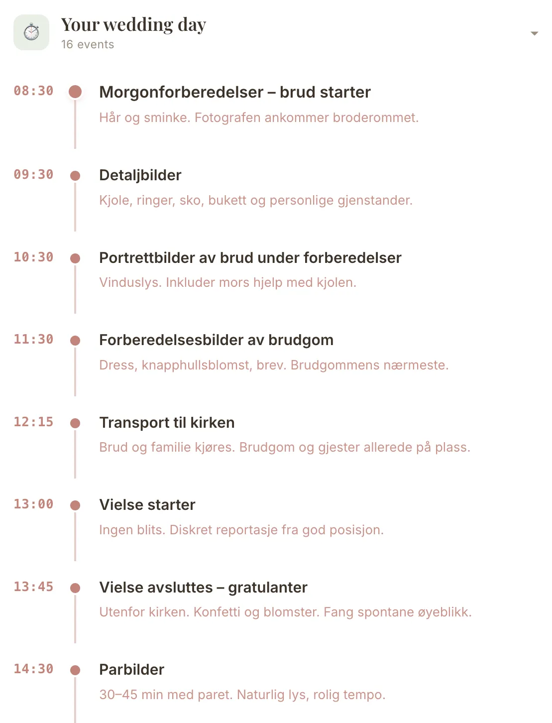 Eksempel på kjøreplan for bryllupsdag i VowFolio — bryllupsfotograf Helge Meisal